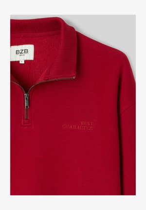 Sweat-shirt à col demi-fermeture éclair rouge, col côtelé, avec "BEST CHARACTER" brodé sur le côté gauche de la poitrine. Texture de tissu doux.