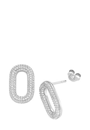 Silver oval-shaped earrings featuring a surface adorned with clear sparkling stones. Includes a push-back clasp for secure fastening.