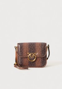 Brown leather crossbody bag with a snakeskin texture, gold-tone hardware featuring a bird design, and a fold-over flap closure.