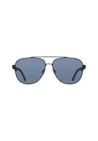 Occhiali da sole aviatore neri con lenti blu, montatura metallica e naselli in gomma. Famosi per la loro forma classica e design minimalista.