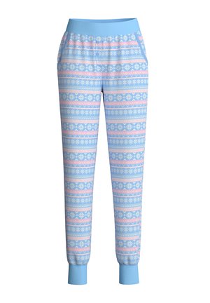 Blue patterned jogger pants with elastic waistband, featuring pink and white geometric designs. Includes pockets and fitted ankle cuffs.