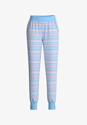 Blue patterned jogger pants with elastic waistband, featuring pink and white geometric designs. Includes pockets and fitted ankle cuffs.