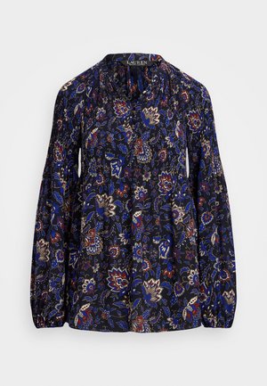 Floral blouse with a dark blue background, featuring red and gold patterns, loose fit, gathering at the neckline, and long puff sleeves.