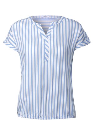 Blouse à manches courtes bleu et blanc à rayures avec un décolleté en V, un ourlet élastique et un tissu léger. Conçue pour une coupe décontractée.