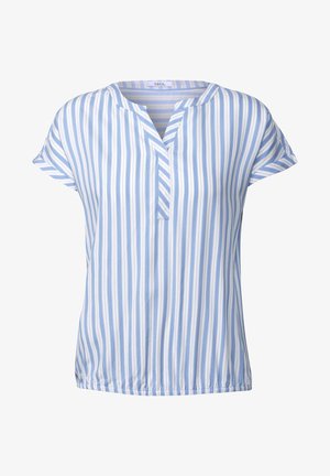 Blå og hvid stribet kortærmet bluse med v-udskæring, elastisk kant og let stof. Designet til en afslappet pasform.