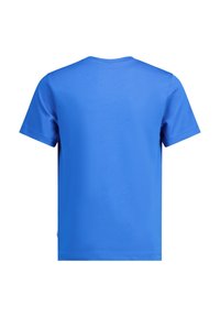 T-paita lyhyillä hihoilla kirkkaansinisestä, sileästä puuvillakankaasta, jossa on pyöreä kaula-aukko ja suora leikkaus ilman kuvioita.