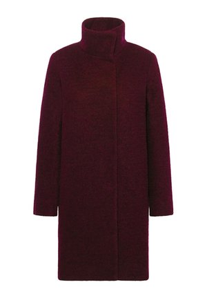Dunkelburgunderfarbener langer Wollmantel mit hohem Stehkragen und langen Ärmeln, ausgestattet mit einem verdeckten Frontverschluss.