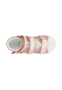 Helle rosa Leder-Sandale mit zwei verstellbaren Klettverschluss-Riemen, Ausstanzungen, einer weißen Gummisohle und einer gepolsterten Ferse für zusätzlichen Komfort.