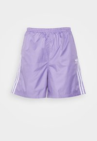 Pantaloncini da atleta viola realizzati in tessuto leggero, con una cintura elastica e tre strisce bianche lungo i lati. Non sono visibili tasche.