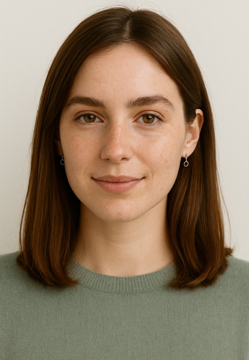Brunett med medellångt hår som bär en ljusgrön tröja och små silverörhängen, med ett neutralt uttryck.