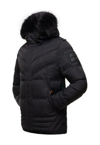 Svart pufferjacka med fuskpälsfoder på huva, quiltad design, dragkedjefickor på sidorna och detaljer med axelpatch.