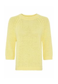 Gelbes Strickpullover mit Dreiviertelärmeln und rundem Ausschnitt. Besitzt einen lockeren, strukturierten Stoff sowie gerippte Bündchen und Saum.