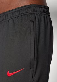 Juodos sportinės šortai su raudonu Nike logotipu, elastine juosta ir šoninėmis kišenėmis. Lygus audinys su lengva tekstūra.
