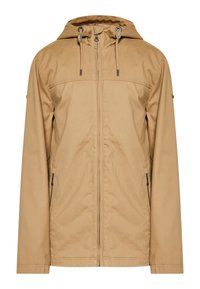 Beige hoodie van duurzaam materiaal, met een rits aan de voorkant, twee zijzakken en een verstelbare trekkoord bij de capuchon.