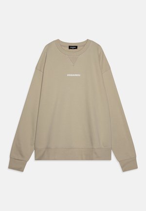 Μπεζ φούτερ με μακριά μανίκια, στρογγυλή λαιμόκοψη και ραμμένο V-λεπτομέρεια. Διαθέτει άσπρο κείμενο "DSQUARED2" στο στήθος. Μαλακό ύφασμα με λεία υφή.