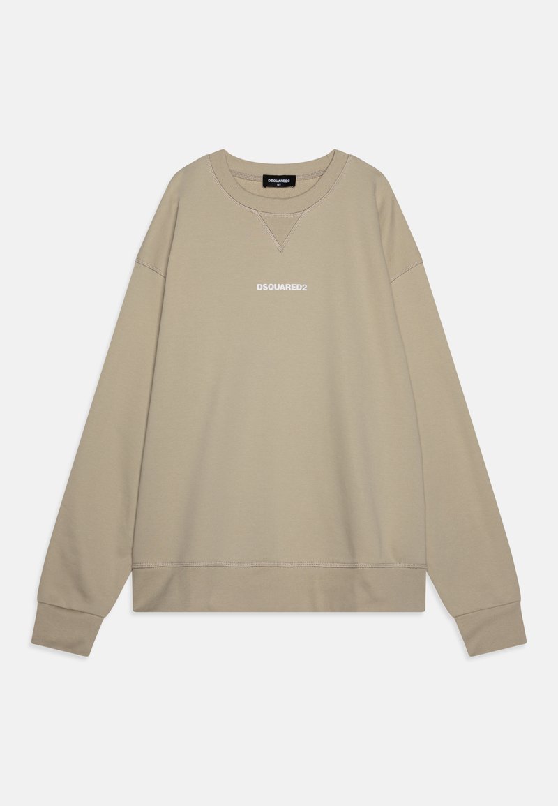 Beige genser med lange ermer, rund hals og sydd V-detalj. Har hvit "DSQUARED2" tekst på brystet. Mykt stoff med en glatt tekstur.