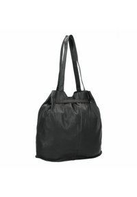 Bolso tote de cuero negro con textura suave, forma redondeada y espaciosa, y dos largas asas para un transporte conveniente. Diseño minimalista sin hardware visible.
