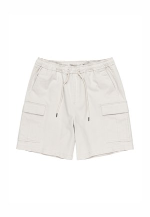 Helle beige Cargo-Shorts mit elastischem Bund, Kordelzug und zwei Seitentaschen. Hergestellt aus weicher Baumwolle mit glatter Oberfläche.