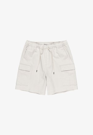 Helle beige Cargo-Shorts mit elastischem Bund, Kordelzug und zwei Seitentaschen. Hergestellt aus weicher Baumwolle mit glatter Oberfläche.