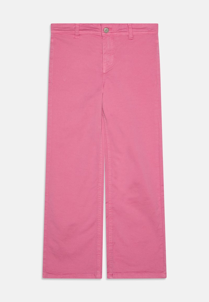 Roosa lai jalgadega püksid puuvillast, millel on nööbiklapp, vööloopide ja sirged ääred, ilma mustrite või lisakaunistusteta.