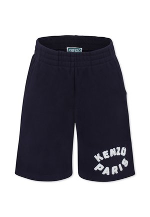 Pantaloni corti blu navy con vita elastica, dotati di ricamo bianco con testo "KENZO PARIS" sul lato inferiore sinistro. Tessuto dalla texture liscia.
