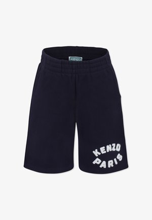 Pantaloni corti blu navy con vita elastica, dotati di ricamo bianco con testo "KENZO PARIS" sul lato inferiore sinistro. Tessuto dalla texture liscia.