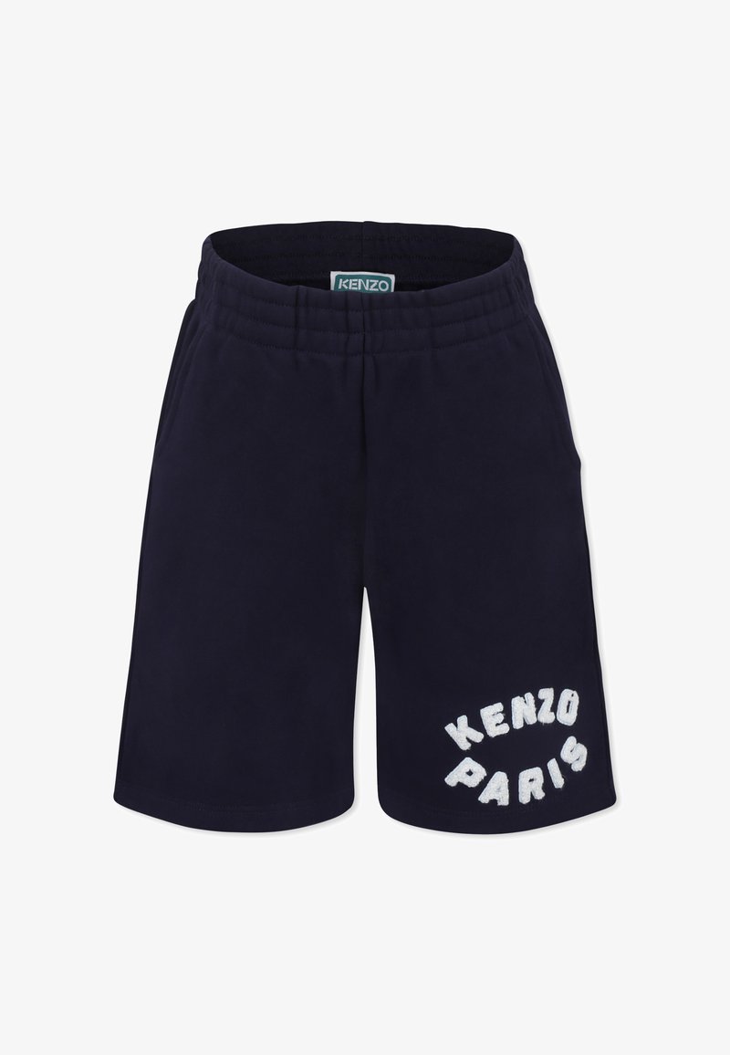 Shorts bleu marine avec une taille élastique, comportant le texte brodé blanc "KENZO PARIS" sur le côté gauche en bas. Texture de tissu lisse.