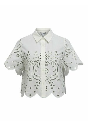 Chemise blanche à manches courtes avec boutons, broderie florale ajourée et ourlet festonné, dotée d'un col classique pointu.