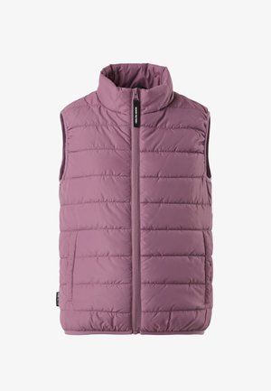 Gilet smanicato trapuntato color malva con collo alto, cerniera frontale e due tasche laterali.