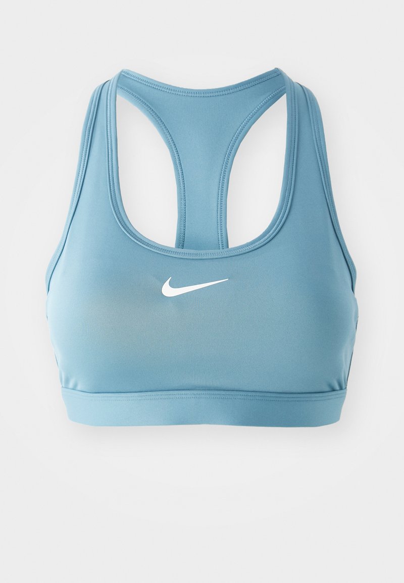 Plavi sportski grudnjak s racerback dizajnom, izrađen od glatkog materijala s bijelim Nike logotipom sprijeda.