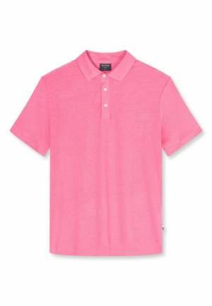 Kurzes Herren-Poloshirt in Pink mit drei weißen Knöpfen und klassischem Kragen, flach auf weißem Hintergrund liegend.