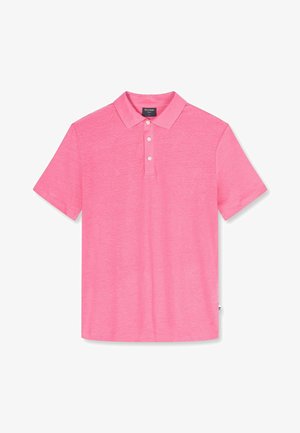 Polo da uomo a manica corta rosa con tre bottoni bianchi e collo classico, distesa su uno sfondo bianco.