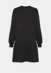 Černé šaty s dlouhými rukávy, kulatým výstřihem a nařaseným lemem pro pohodlný střih. Vyrobeno z měkkého, elastického materiálu.