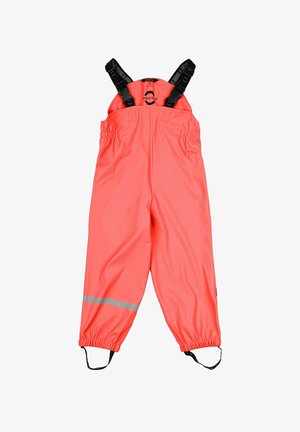 Orange wasserfeste Overall mit verstellbaren schwarzen Trägern, elastischem Taillenbund und reflektierendem silbernen Streifen nahe den Bündchen. Glatte Textur.