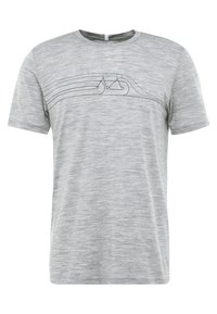 Grå melerad t-shirt med kort ärm som har en enkel cykelgrafik i svart, med böjda linjer ovanför mönstret, gjord av mjuk tyg.