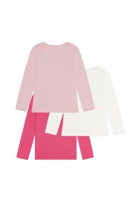 Drei Langarmshirts: eines in hellrosa, eines in weiß und eines in leuchtend pink, jeweils mit Rundhalsausschnitt und weichem, glattem Stoff.