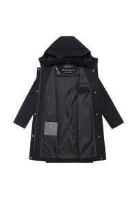 Musta hupullinen sadetakki vetoketjulla ja neppareilla, täysin auki, jotta näkyy sileä vuori ja sisätaskut valkoisella taustalla.