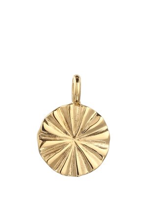 Goldener runder Anhänger mit strukturiertem, strahlendem Plisseedesign und einer Schlaufe oben zum Befestigen an einer Kette oder Halskette.