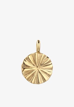 Goldener runder Anhänger mit strukturiertem, strahlendem Plisseedesign und einer Schlaufe oben zum Befestigen an einer Kette oder Halskette.