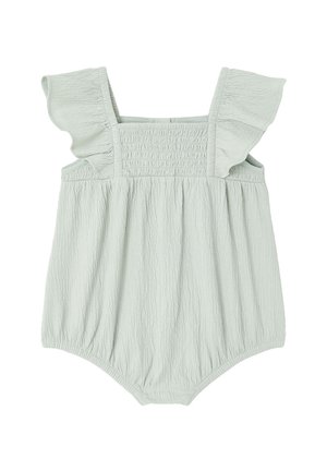 Hellgrüner Baby-Strampler mit strukturierter Oberfläche, Rüschen an den Schulterriemen und gerafftem Stoff an Taille und Beinöffnungen.