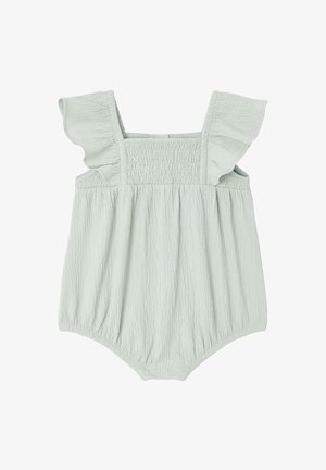 Hellgrüner Baby-Strampler mit strukturierter Oberfläche, Rüschen an den Schulterriemen und gerafftem Stoff an Taille und Beinöffnungen.