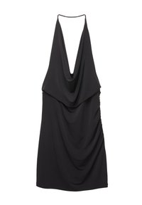 Robe noire à dos nu avec un profond décolleté en V, un devant drapé, des côtés froncés et de fines bretelles. Fabriquée en tissu lisse et léger.