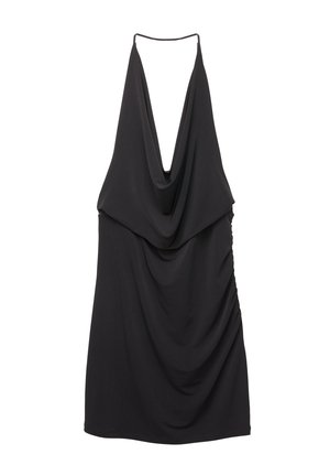 Robe noire à dos nu avec un profond décolleté en V, un devant drapé, des côtés froncés et de fines bretelles. Fabriquée en tissu lisse et léger.