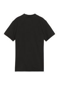 Polo shirt nera a maniche corte con colletto classico e una texture liscia ed uniforme, caratterizzata da un design semplice e senza motivi visibili.