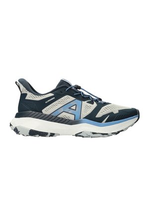 Chaussure de trail running beige, noire et bleue avec une semelle épaisse, un blocage des lacets et un grand logo "A" sur le côté.