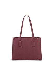 Bordeaux synthetische draagtas met een gladde textuur, twee lange handvatten en een rechthoekige vorm. Bevat minimale stiksels en geen zichtbare hardware.