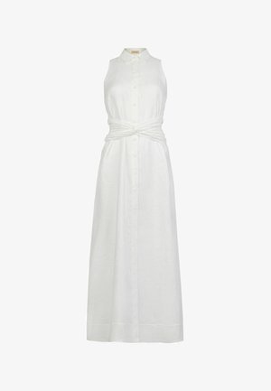 Weißes Leinenkleid ohne Ärmel mit kragenförmigem Ausschnitt, vorderen Knöpfen und einem geknoteten Taillendetail. Weiche Textur mit fließender Silhouette.