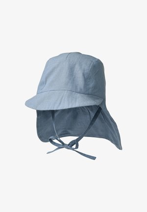 Lichtblauwe katoenen zonnehoed met brede rand, nekflap en striksluiting onder de kin voor een veilige pasvorm.