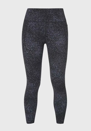 Leggings noirs taille haute avec un motif tacheté inspiré de la galaxie, en nuances de bleu et blanc, longueur intégrale et coupe ajustée.