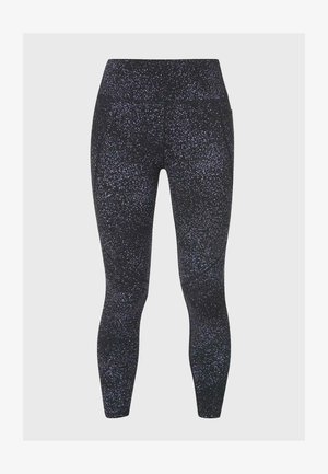 Leggings noirs taille haute avec un motif tacheté inspiré de la galaxie, en nuances de bleu et blanc, longueur intégrale et coupe ajustée.